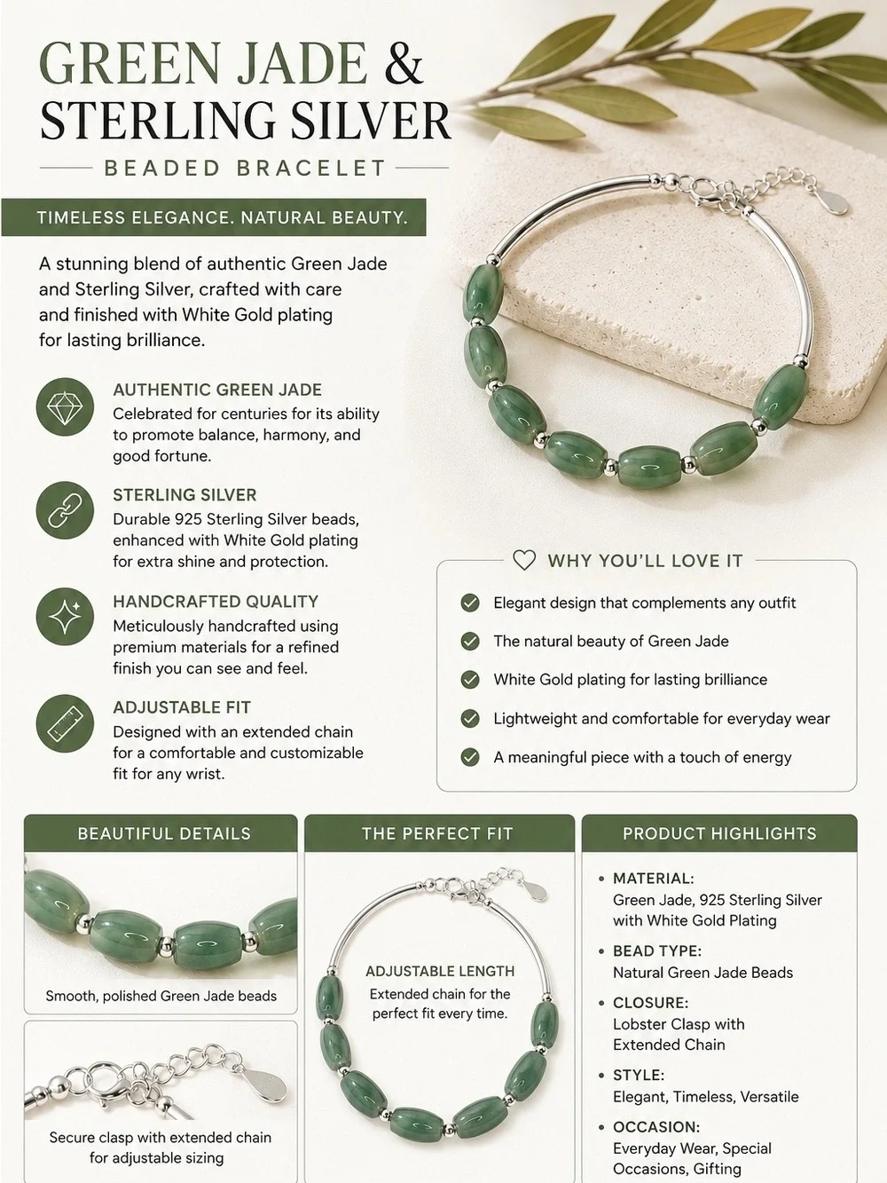 Green Jade & Sterling Silver Beaded Bracelet | Genuine Jade | 925 Sterling Silve